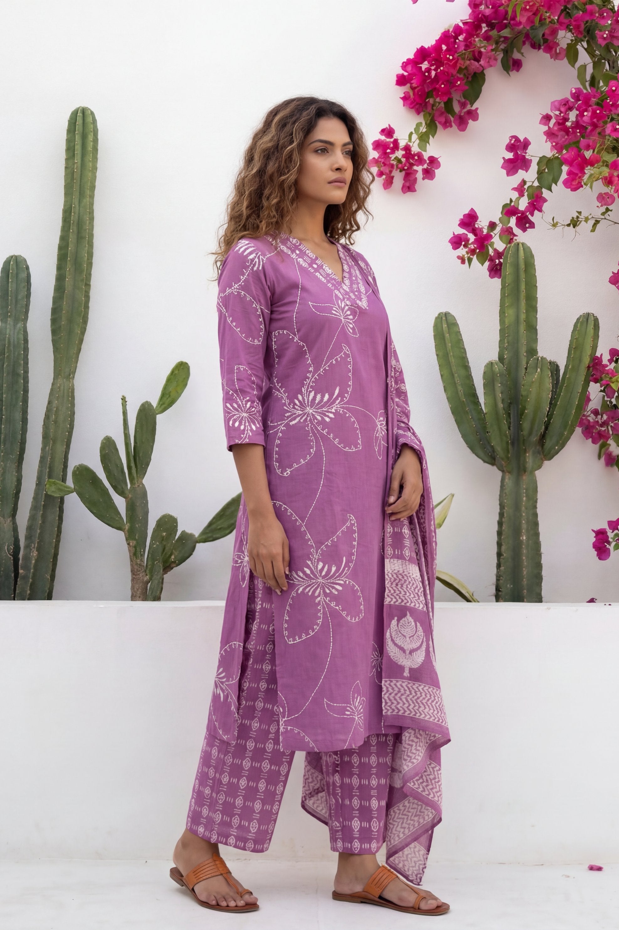 Mauve Garden Drift Floral Cotton Dupatta Set | Me&My
