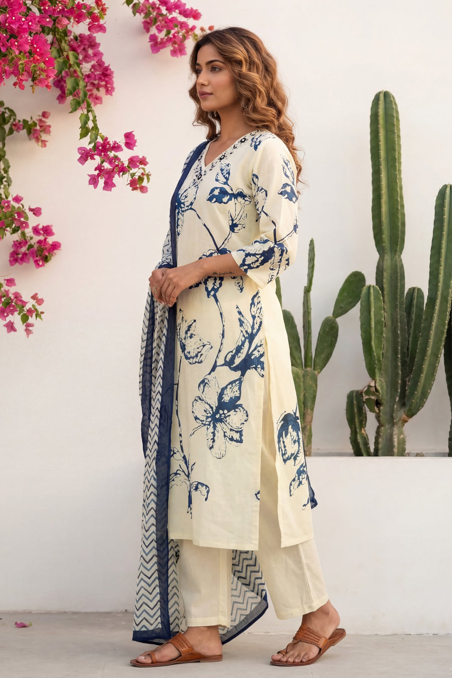 Cream Iris Garden Botanical Cotton Dupatta Set — image 8
