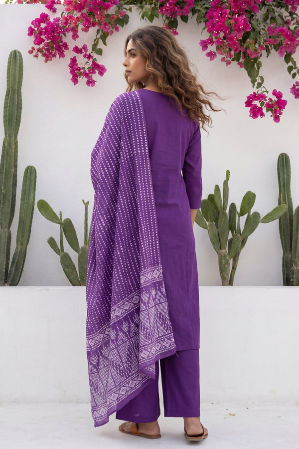 Plum Boota Sovereign Embroidered Cotton Dupatta Set