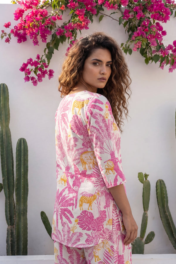 Safari Chic Bright Pink Leopard Palm Cotton Co-ord Set