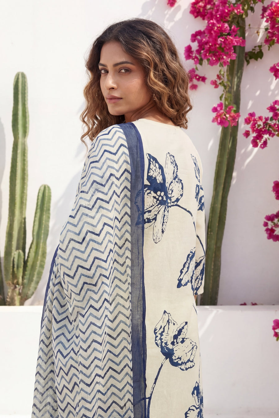 Cream Iris Garden Botanical Cotton Dupatta Set — image 6
