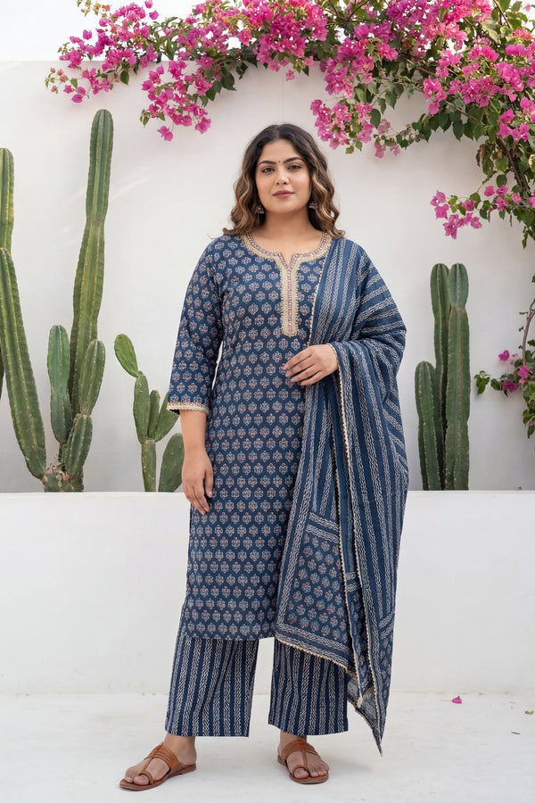 Indigo Boota Crest Floral Cotton Dupatta Set