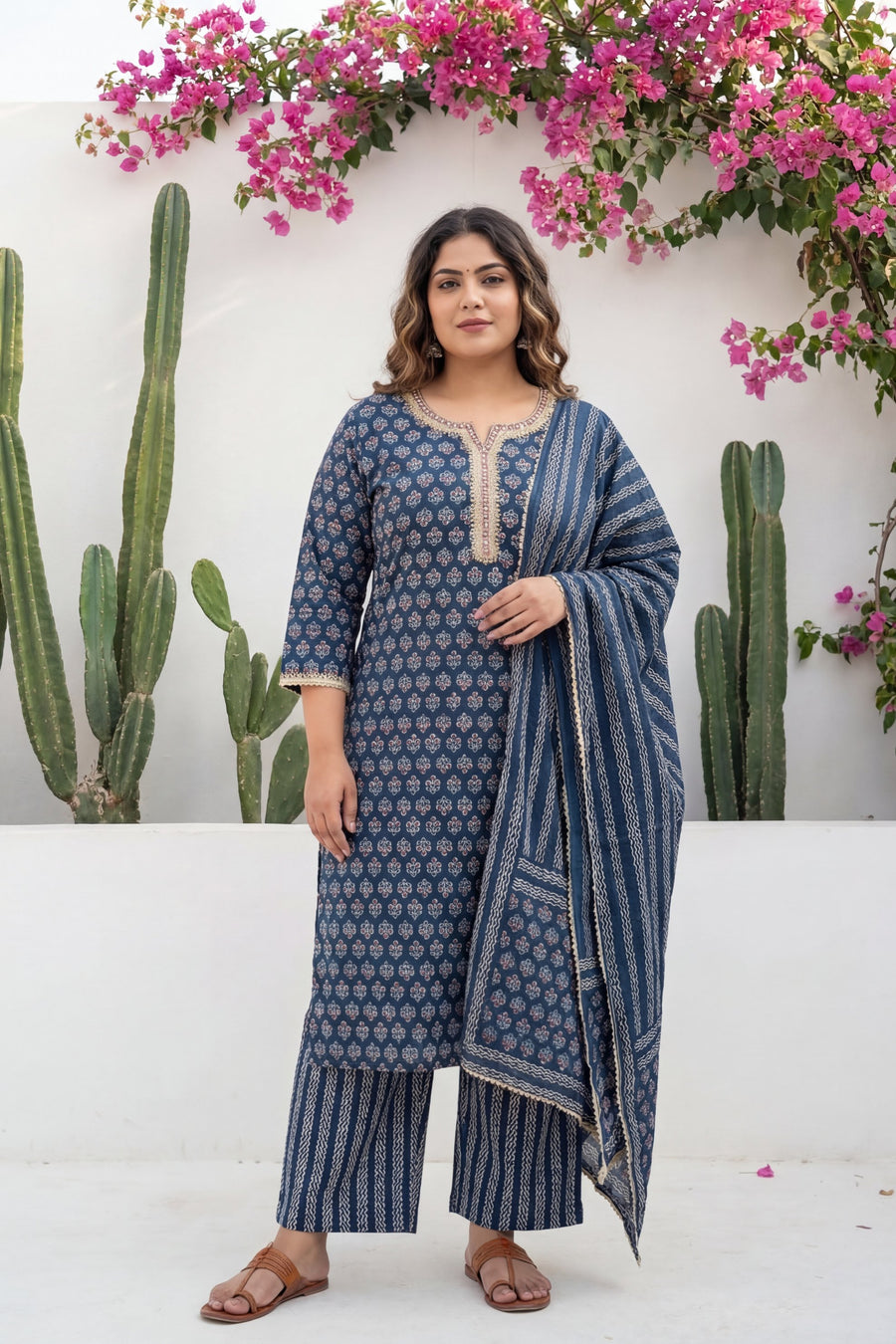 Indigo Boota Crest Floral Cotton Dupatta Set — image 2
