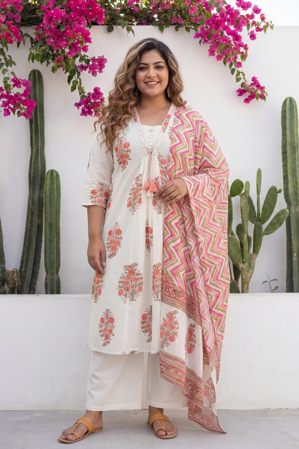 Ivory Boota Tassel Floral Cotton Dupatta Set