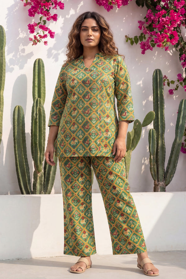 Geometric Heritage Green Ikat Cotton Co-ord Set