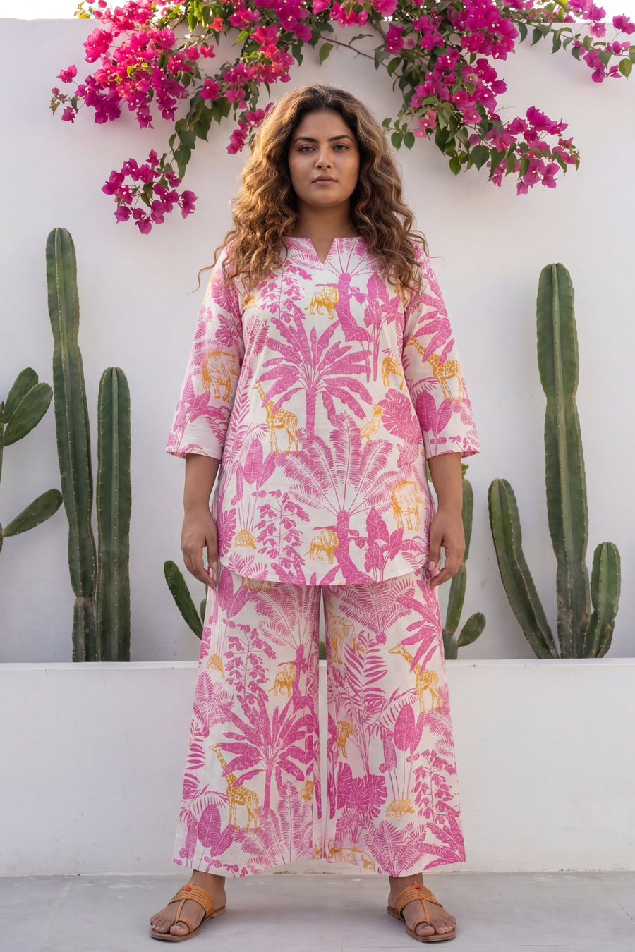 Safari Chic Bright Pink Leopard Palm Cotton Co-ord Set — image 8