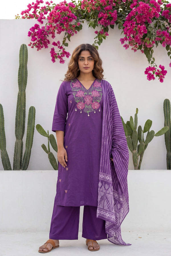 Plum Boota Sovereign Embroidered Cotton Dupatta Set