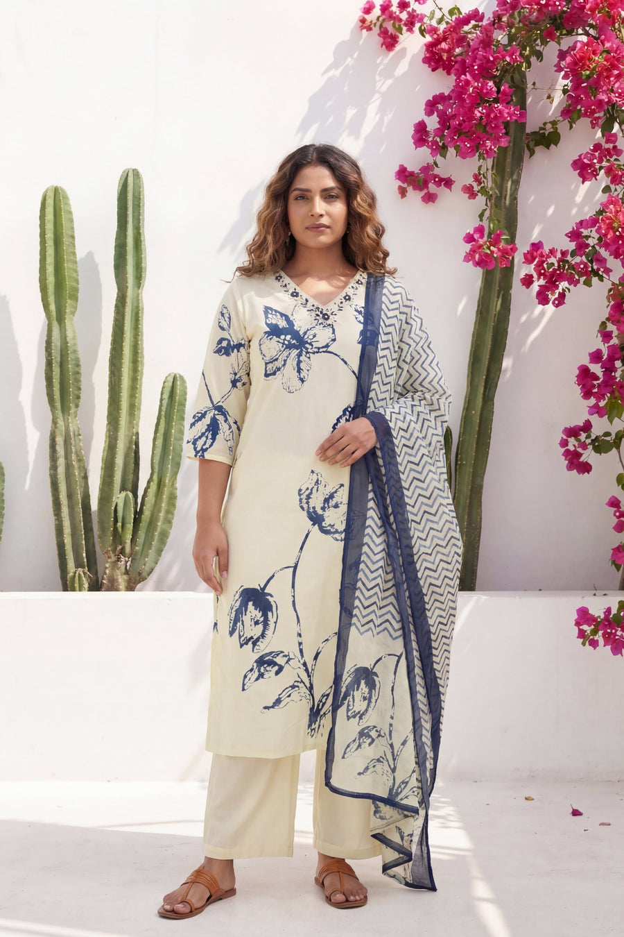 Cream Iris Garden Botanical Cotton Dupatta Set — image 12