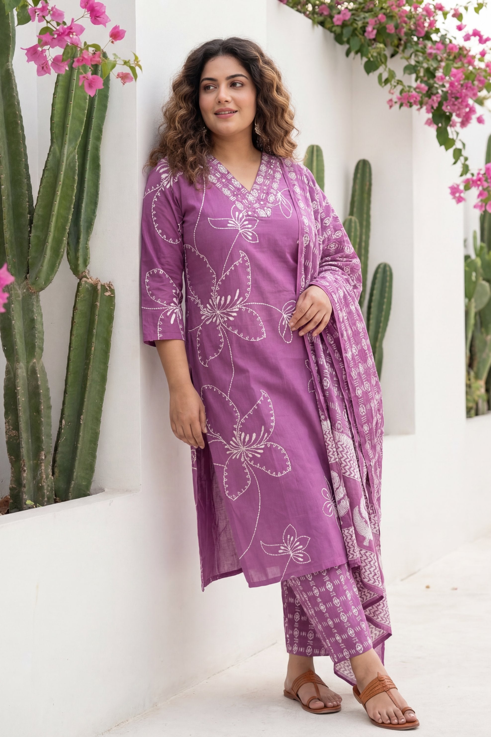 Mauve Garden Drift Floral Cotton Dupatta Set | Me&My