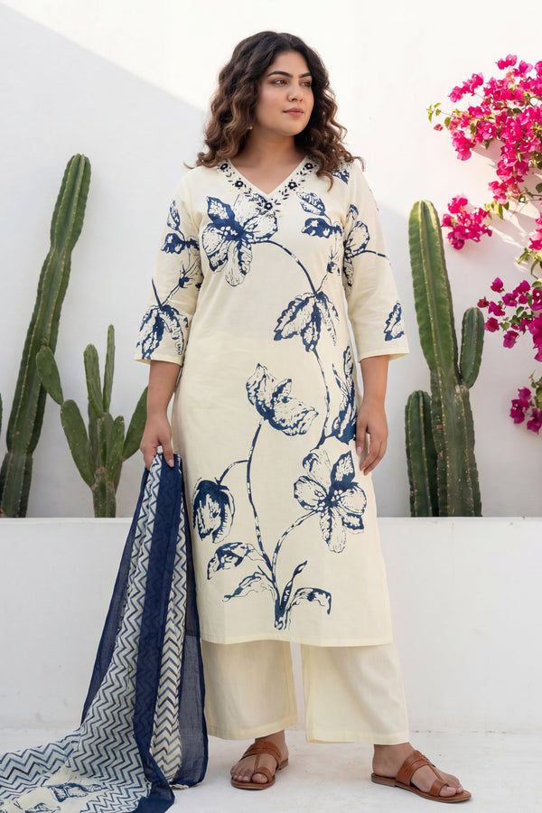 Cream Iris Garden Botanical Cotton Dupatta Set