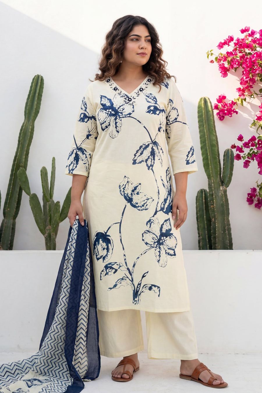Cream Iris Garden Botanical Cotton Dupatta Set — image 4