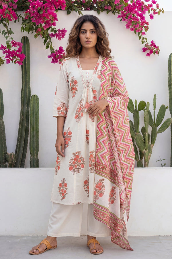 Ivory Boota Tassel Floral Cotton Dupatta Set
