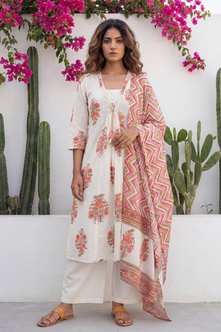 Ivory Boota Tassel Floral Cotton Dupatta Set — image 4