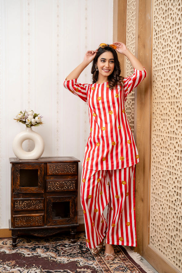 Scarlet Bloom Stripe Cotton Co-ord Set
