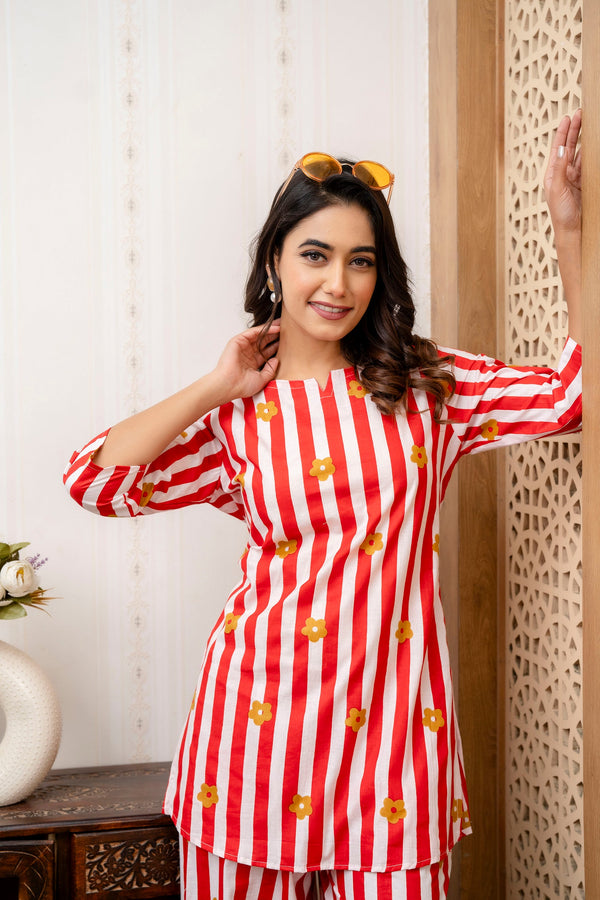 Scarlet Bloom Stripe Cotton Co-ord Set