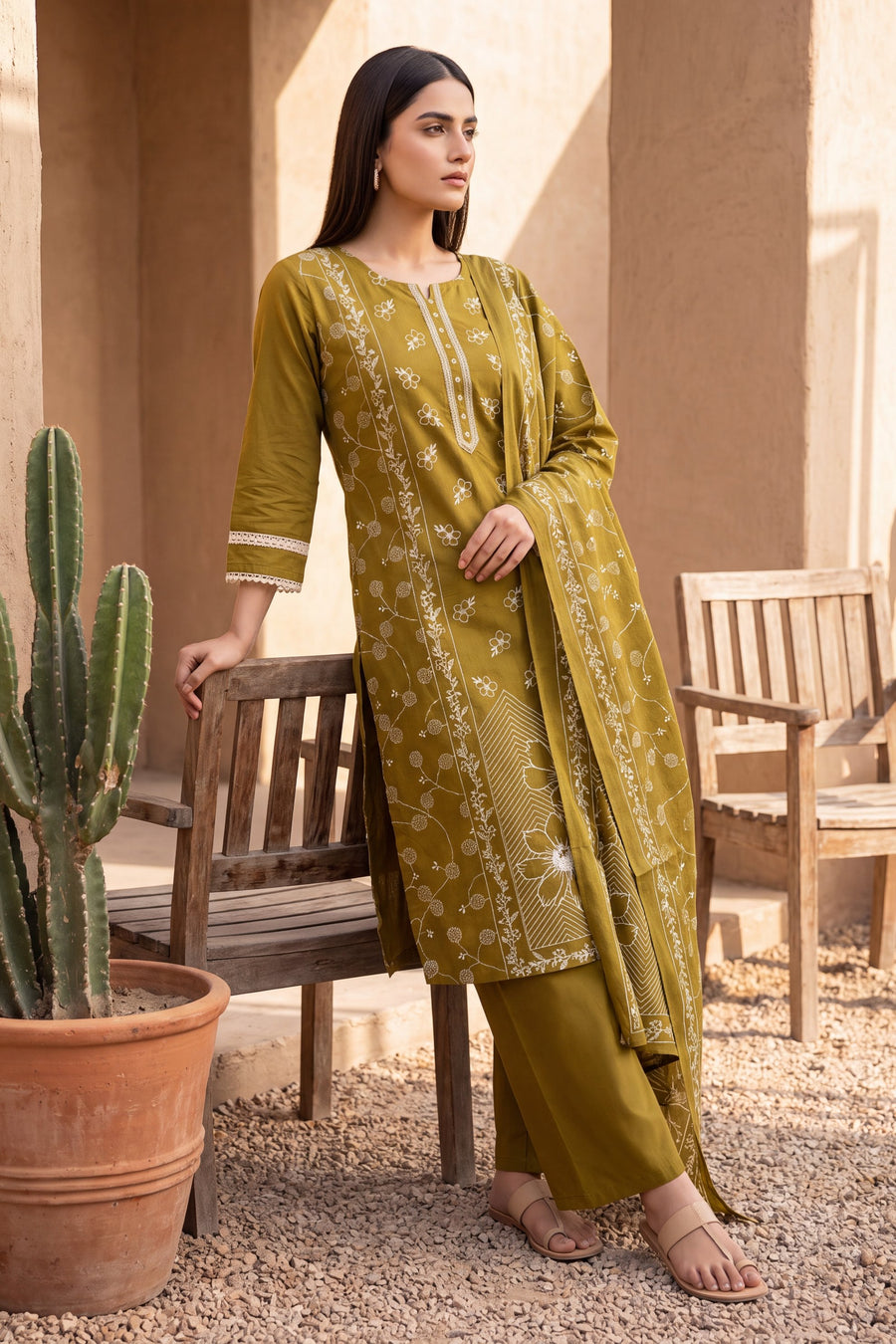 Lagoon Olive Cotton Dupatta Set — image 2