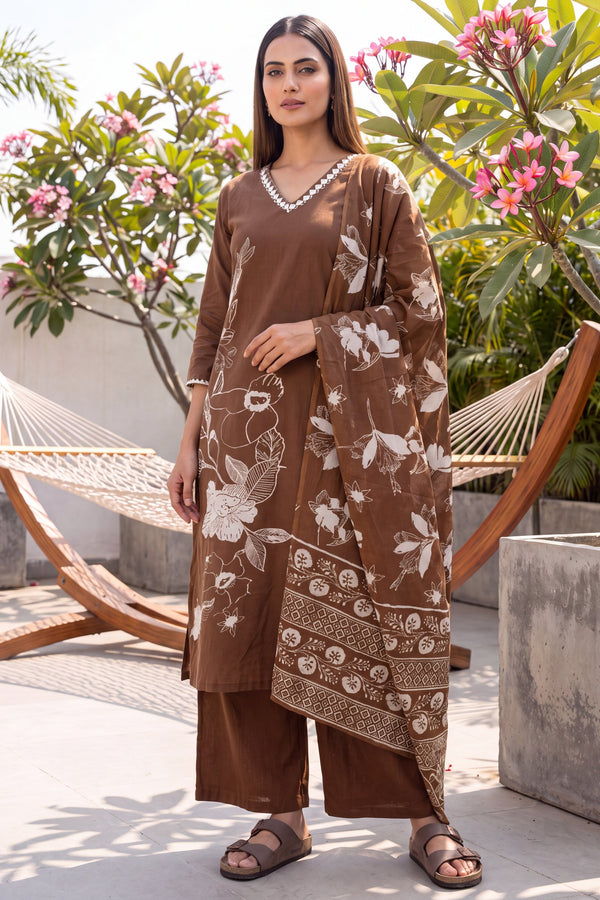 Chestnut Brown Cotton Dupatta Set