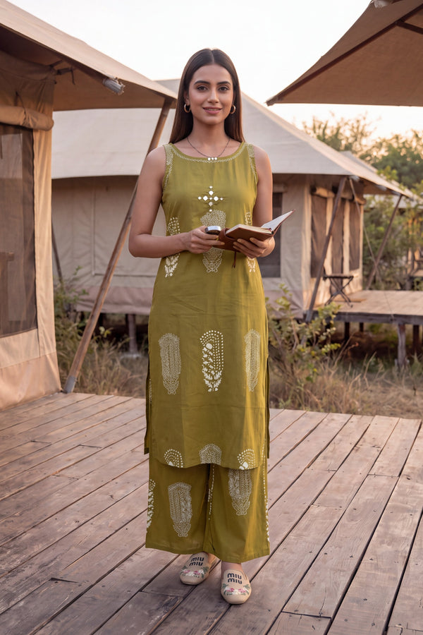 Olive Gilt Sleeveless Cotton Co-ord Set