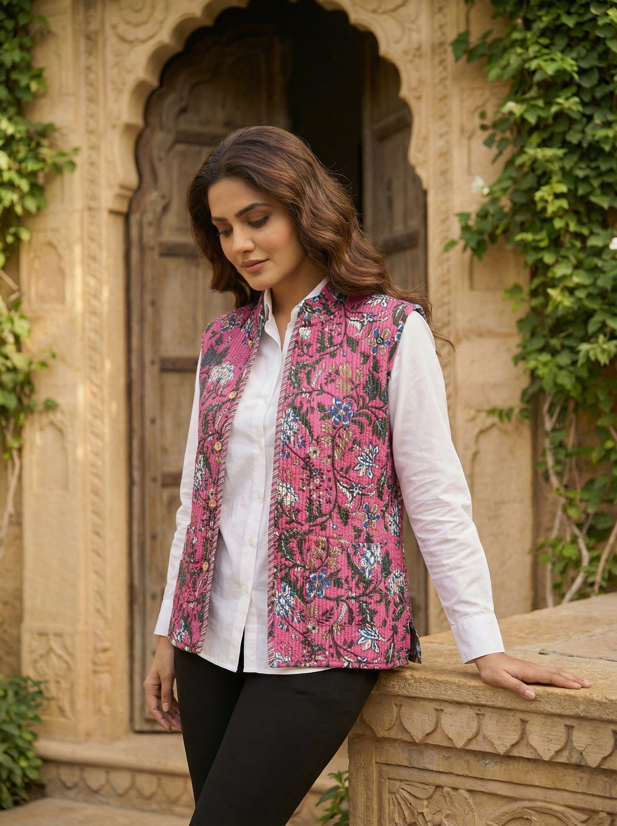 Petal Drift Cotton Reversible Quilted Jacket Vest