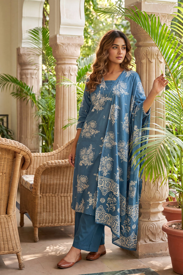 Bazaar Cobalt Cotton Dupatta Set
