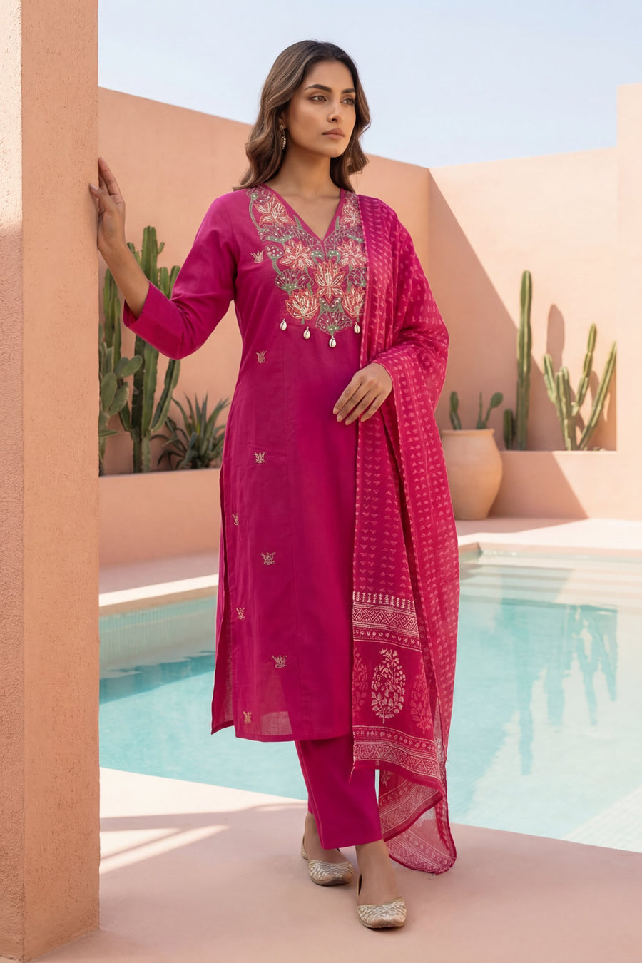 Magenta Cowrie Bloom Embroidered Cotton Dupatta Set — image 8