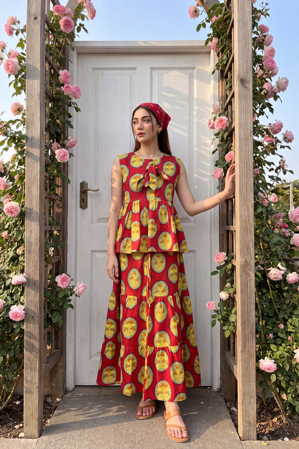 Crimson Tiered Cotton Skirt Set