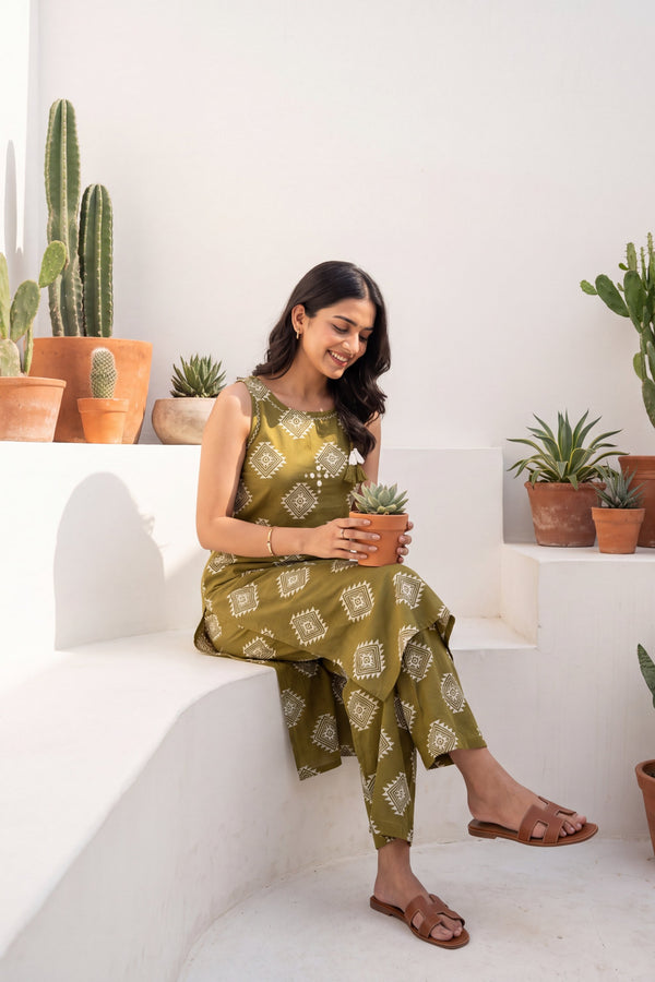 Verdant Ease Sleeveless Cotton Co-ord Set