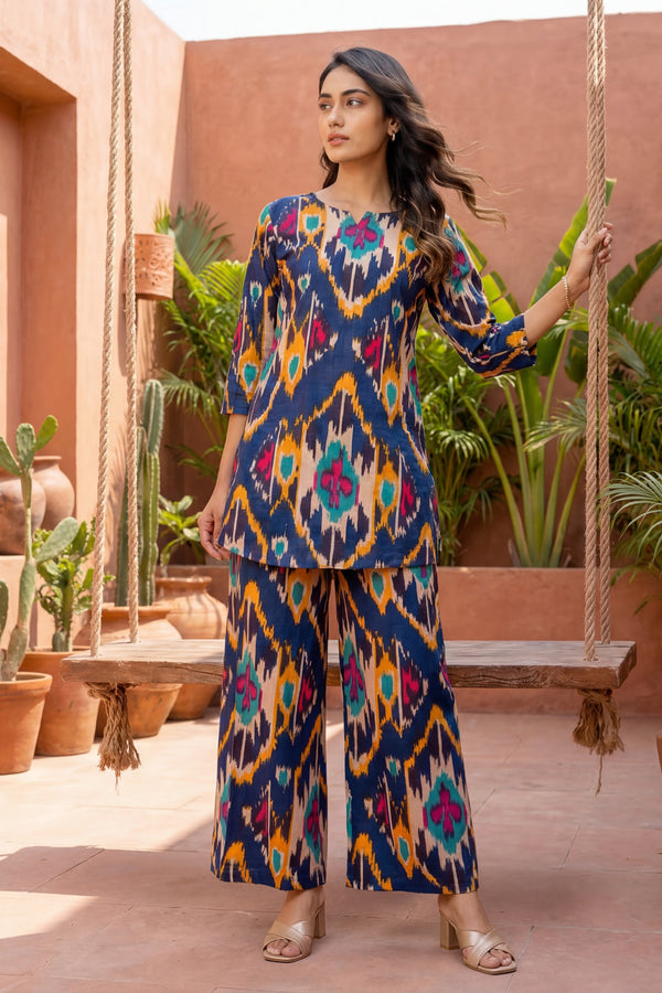 Blue Cotton Abstract Co-ord Set