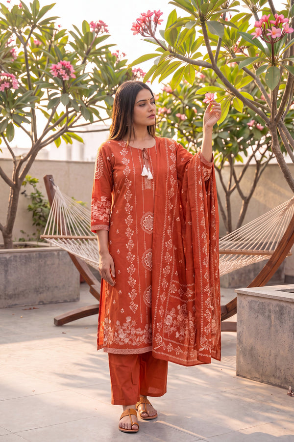 Loggia Apricot Cotton Dupatta Set