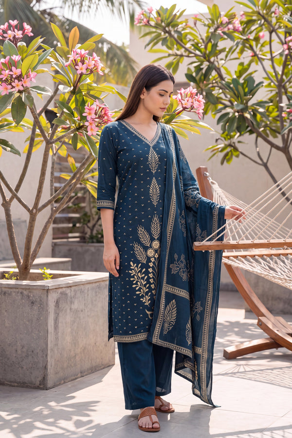 Cobalt Bloom Cotton Dupatta Set