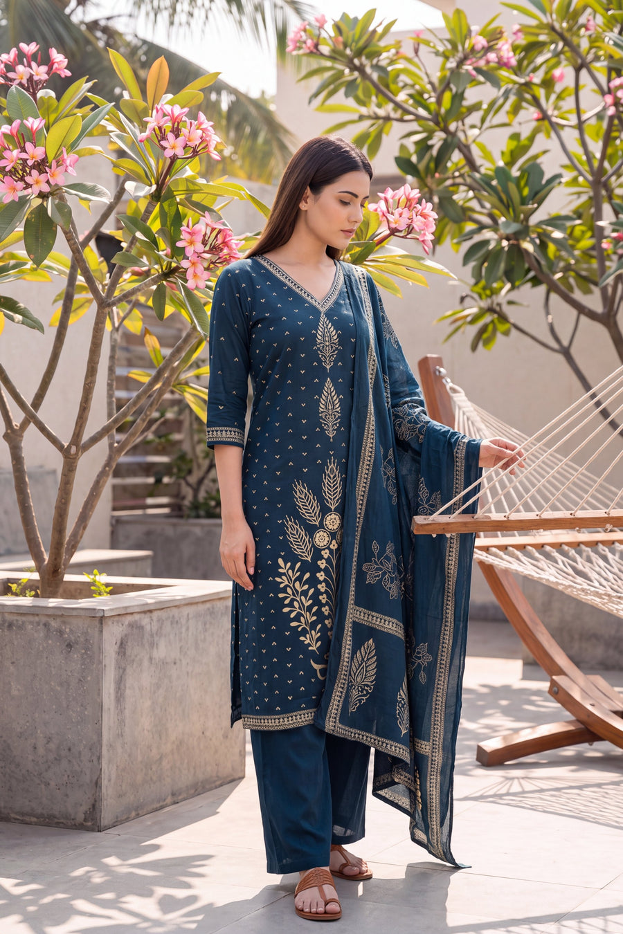 Cobalt Bloom Cotton Dupatta Set — image 2
