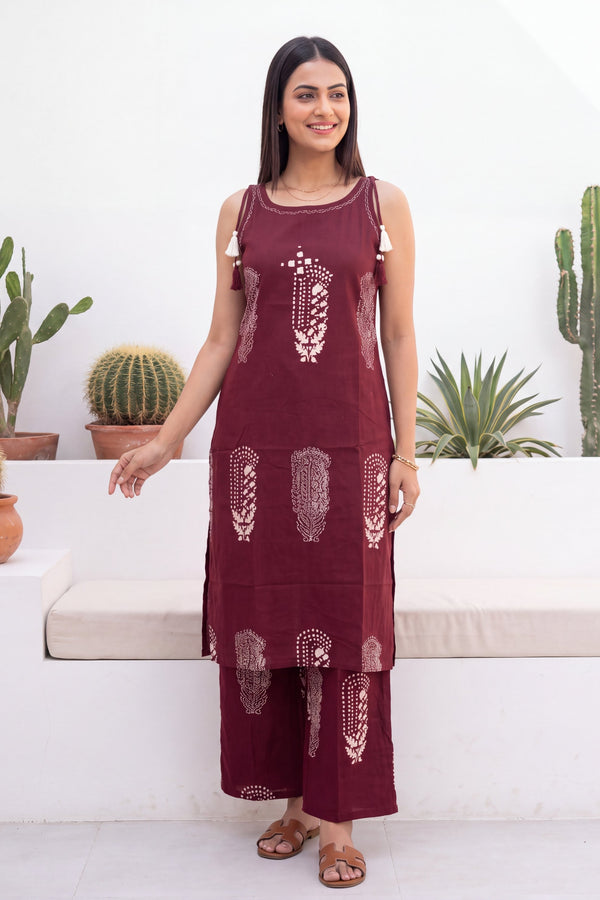 Merlot Ease Sleeveless Cotton Co-ord Set