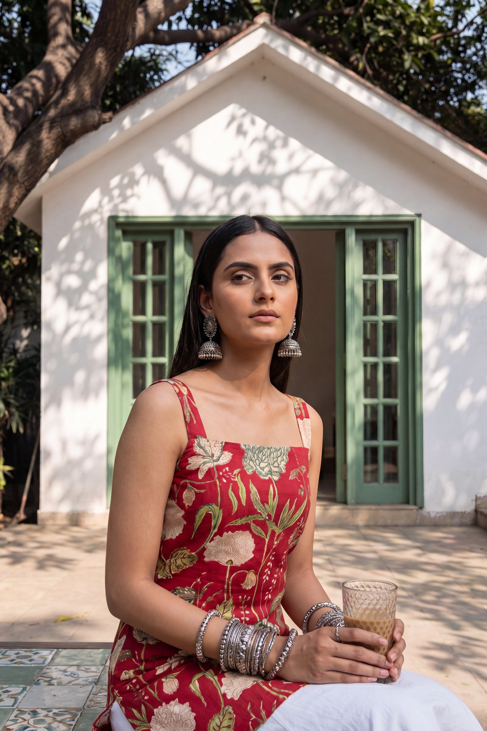 Crimson Bloom Square Neck Cotton Top