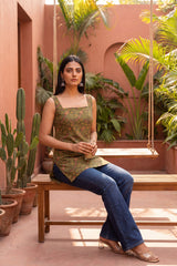 Atelier Olive Green Square Neck Cotton Top
