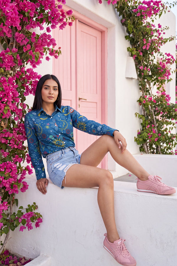 Teal Wave Cotton Shirt