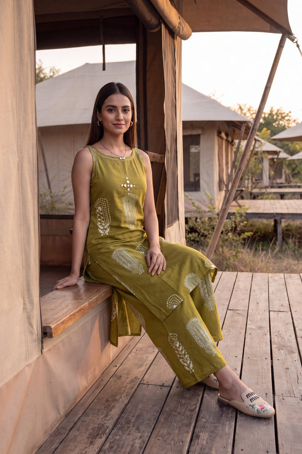 Olive Gilt Sleeveless Cotton Co-ord Set
