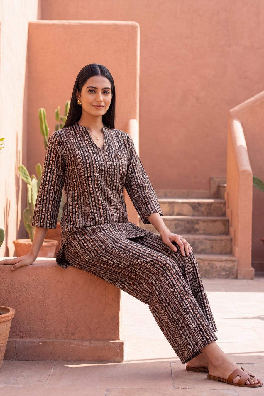 Cocoa Stripe Angrakha Cotton Co-ord Set — image 5