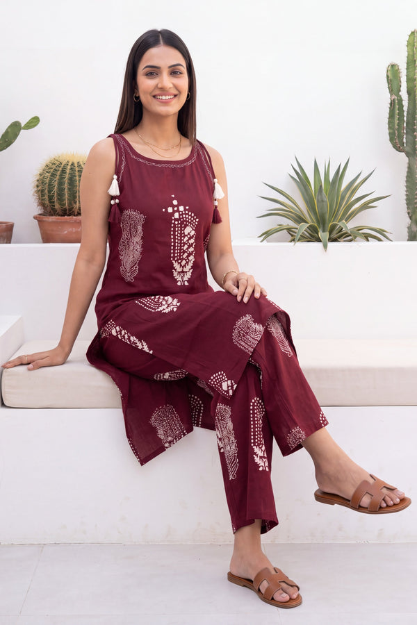Merlot Ease Sleeveless Cotton Co-ord Set