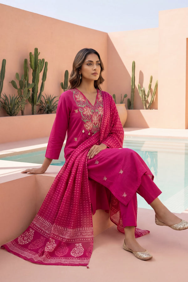 Magenta Cowrie Bloom Embroidered Cotton Dupatta Set
