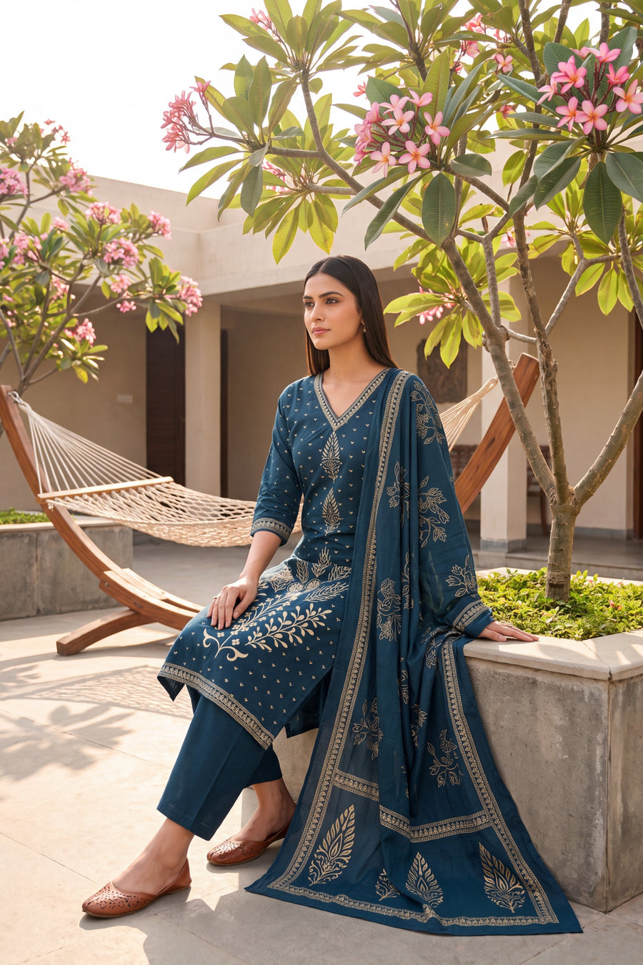 Cobalt Bloom Cotton Dupatta Set — image 3
