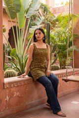Atelier Olive Green Square Neck Cotton Top