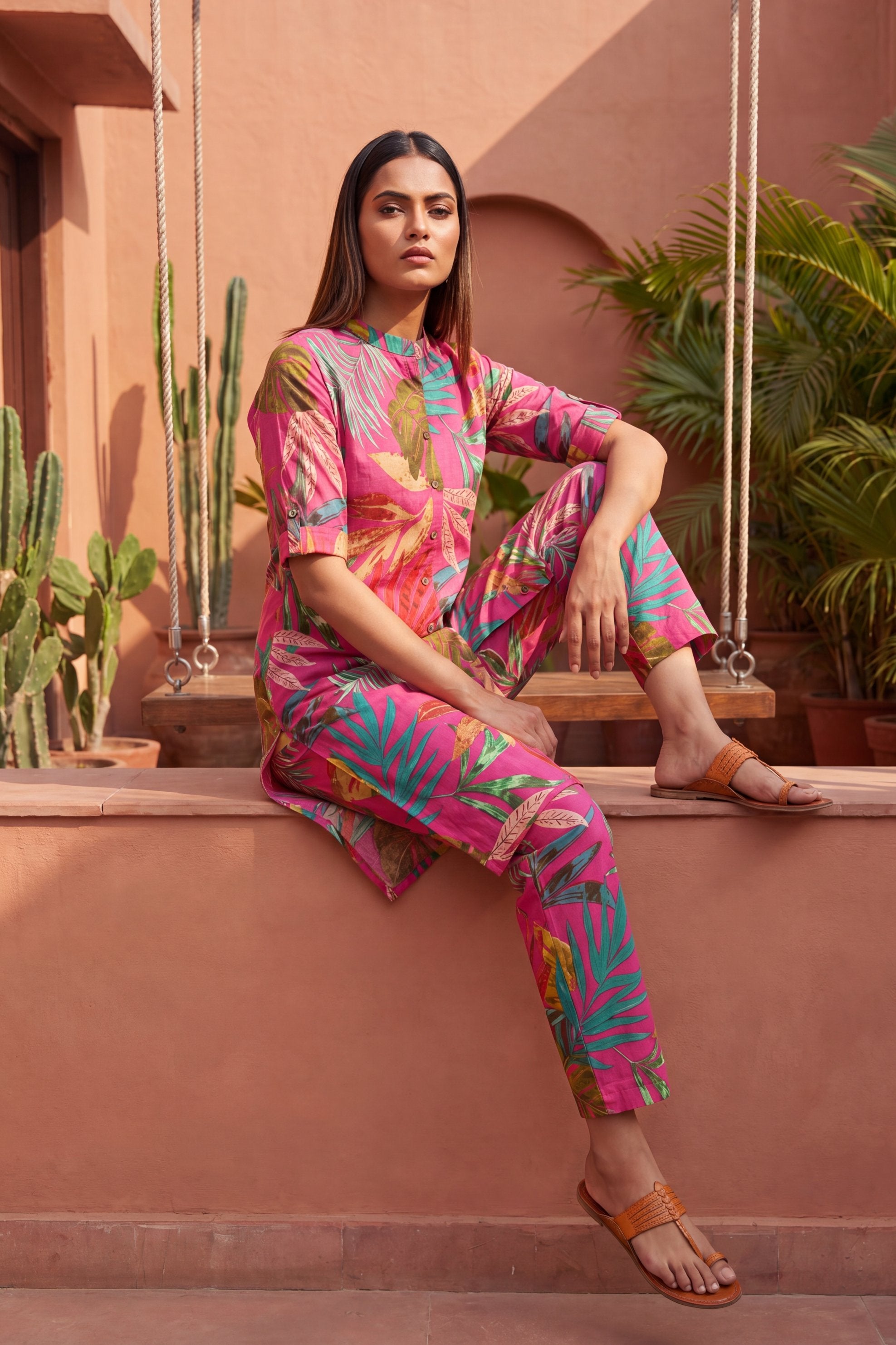 Macaron Pink Mandarin Cotton Co-ord Set