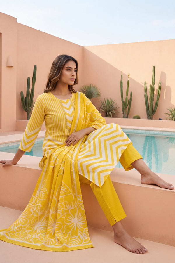 Solar Zigzag Bloom Chevron Cotton Dupatta Set