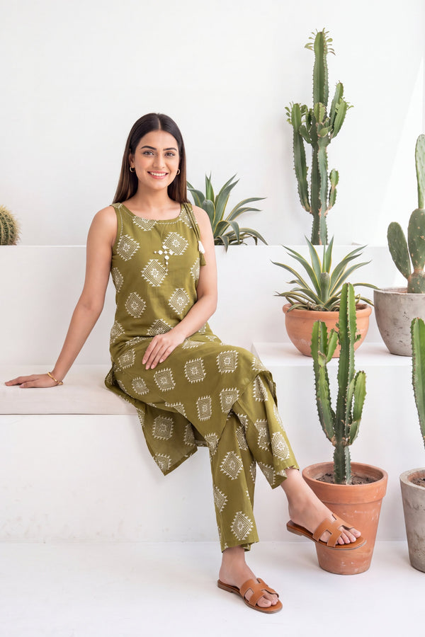 Verdant Ease Sleeveless Cotton Co-ord Set