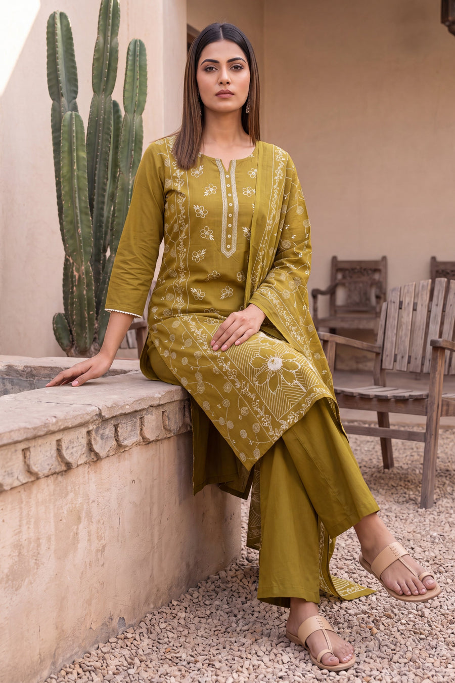 Lagoon Olive Cotton Dupatta Set — image 3