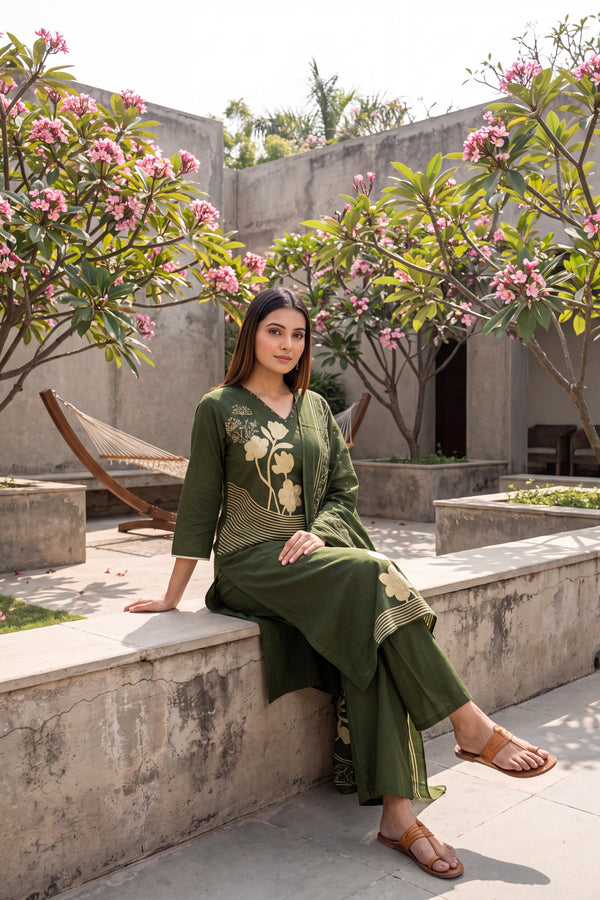 Fern Meadow Green Cotton Dupatta Set