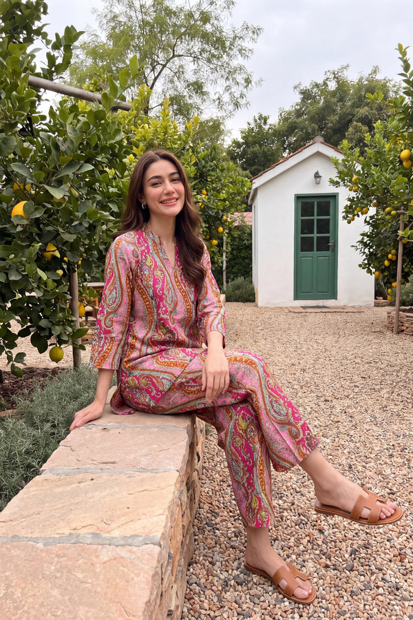 Rose Paisley Angrakha Cotton Co-ord Set