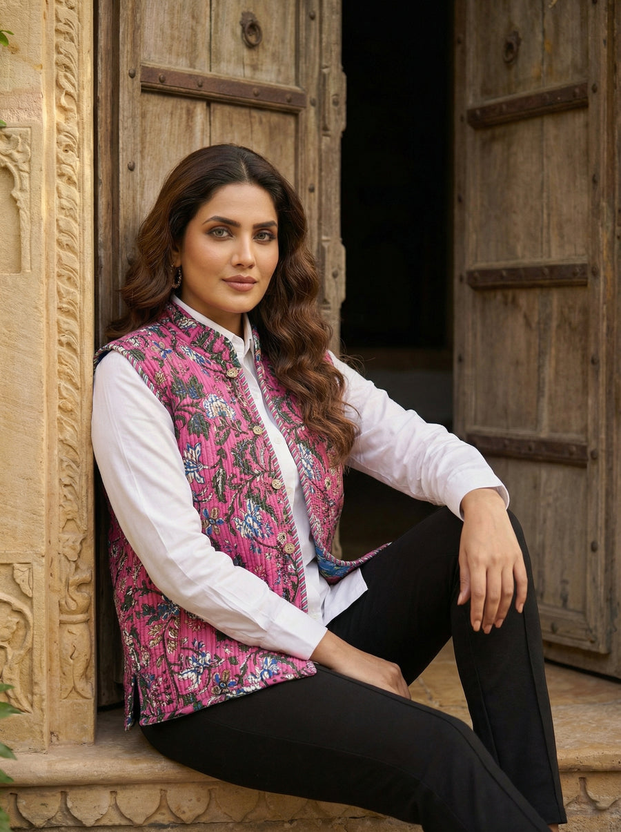 Petal Drift Cotton Reversible Quilted Jacket Vest — image 3