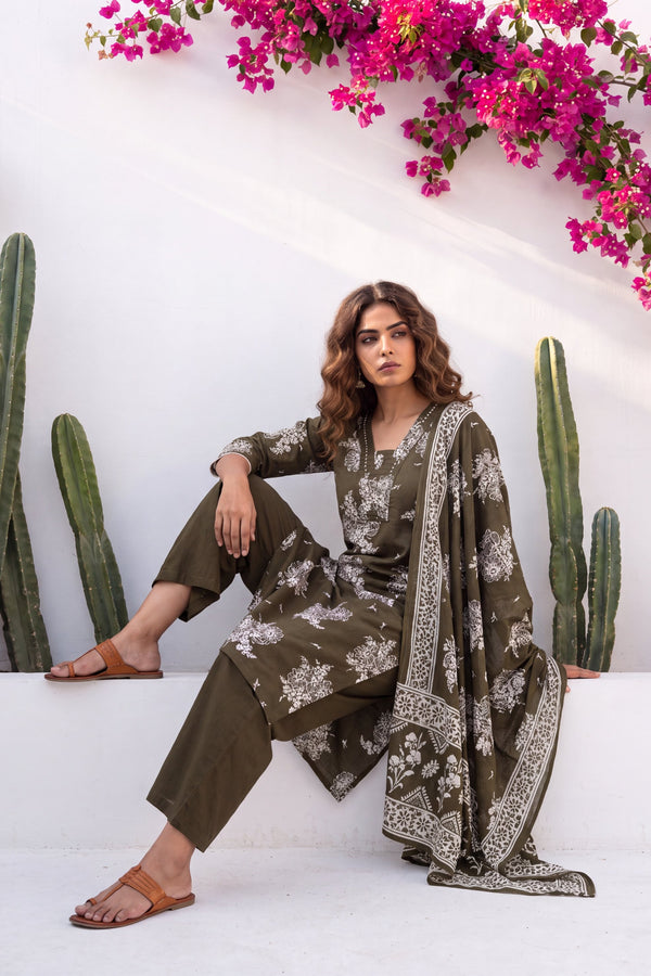 Crescendo Pine Cotton Dupatta Set