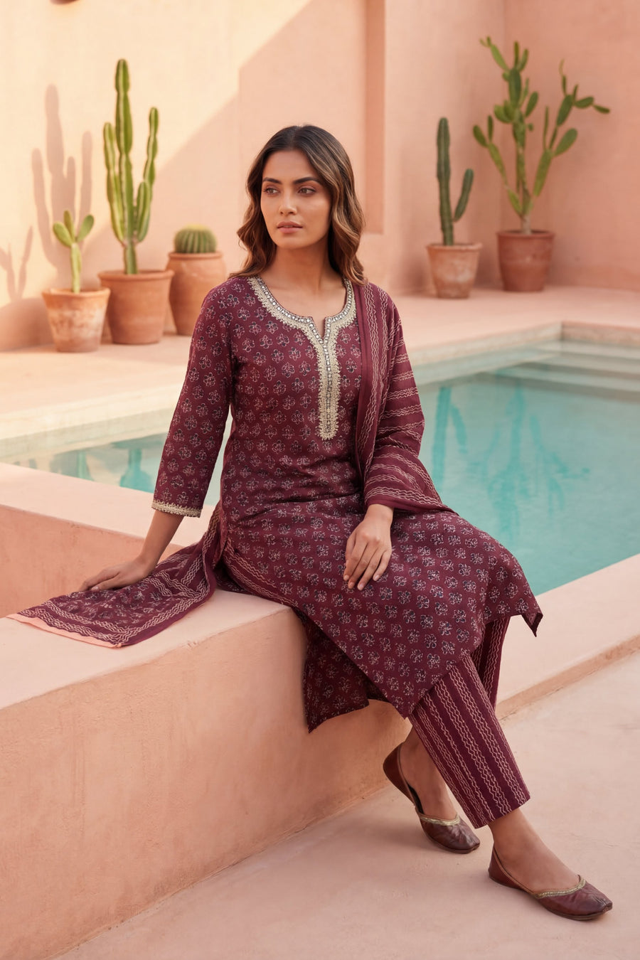 Wine Ditsy Gold Trim Floral Cotton Dupatta Set — image 6